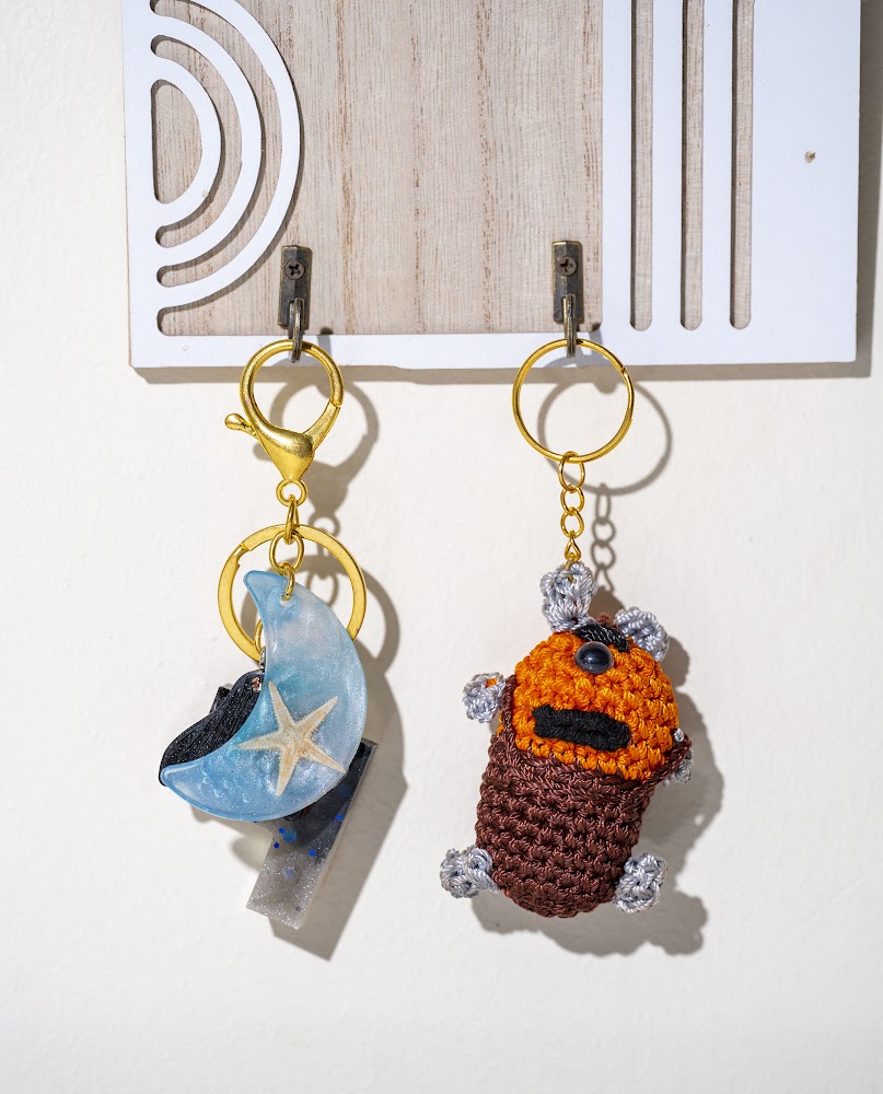 Resin Moon & Crocheted Monster Keychain Set