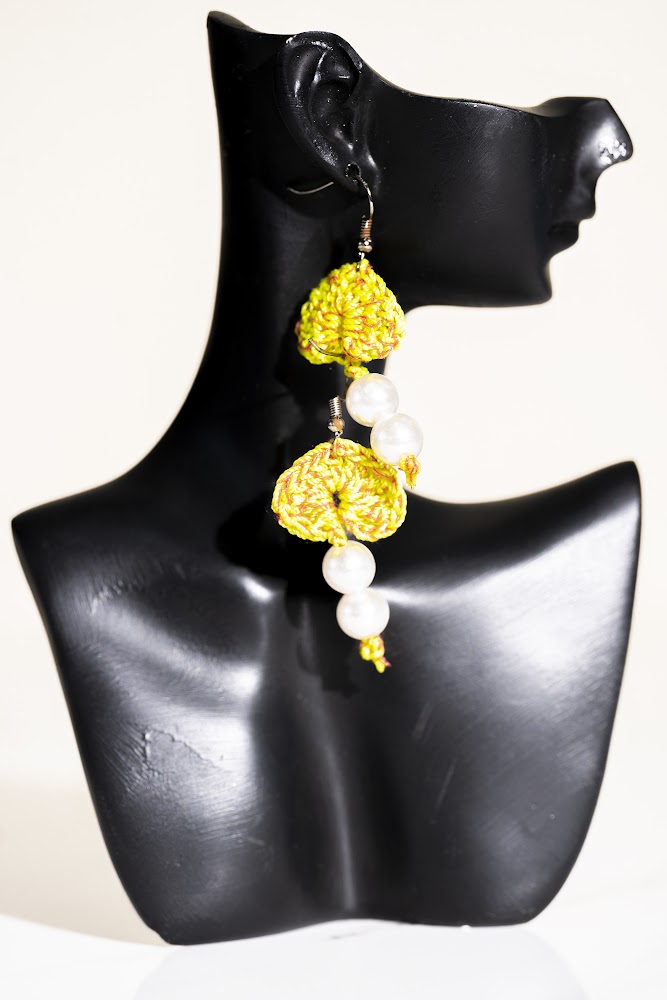 Yellow Crochet Pompom & Pearl Drop Earrings