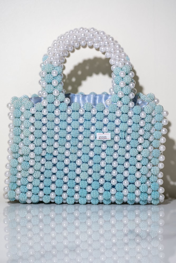 Sky Blue & White Pearl Beaded Tote Bag