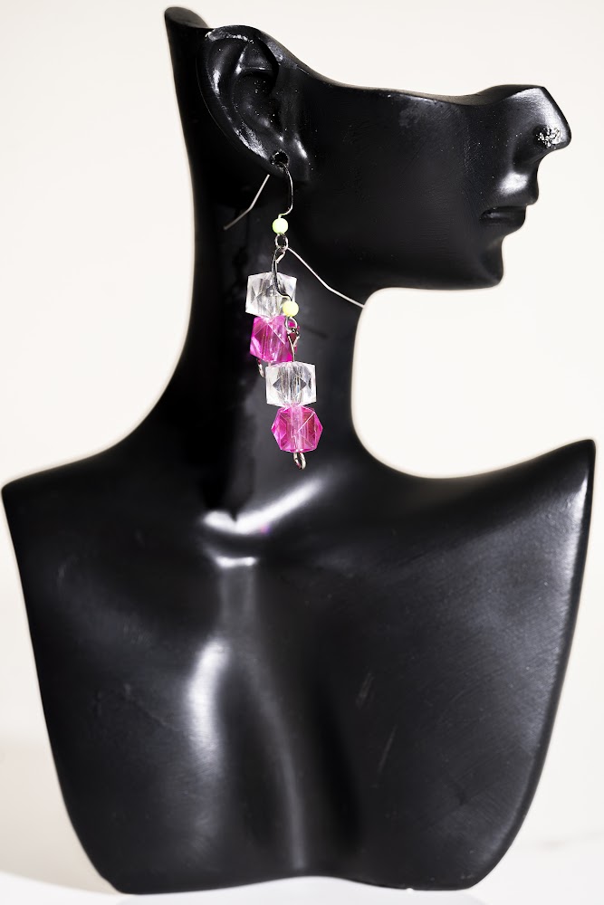 Fuchsia & Crystal Cube Bead Drop Earrings