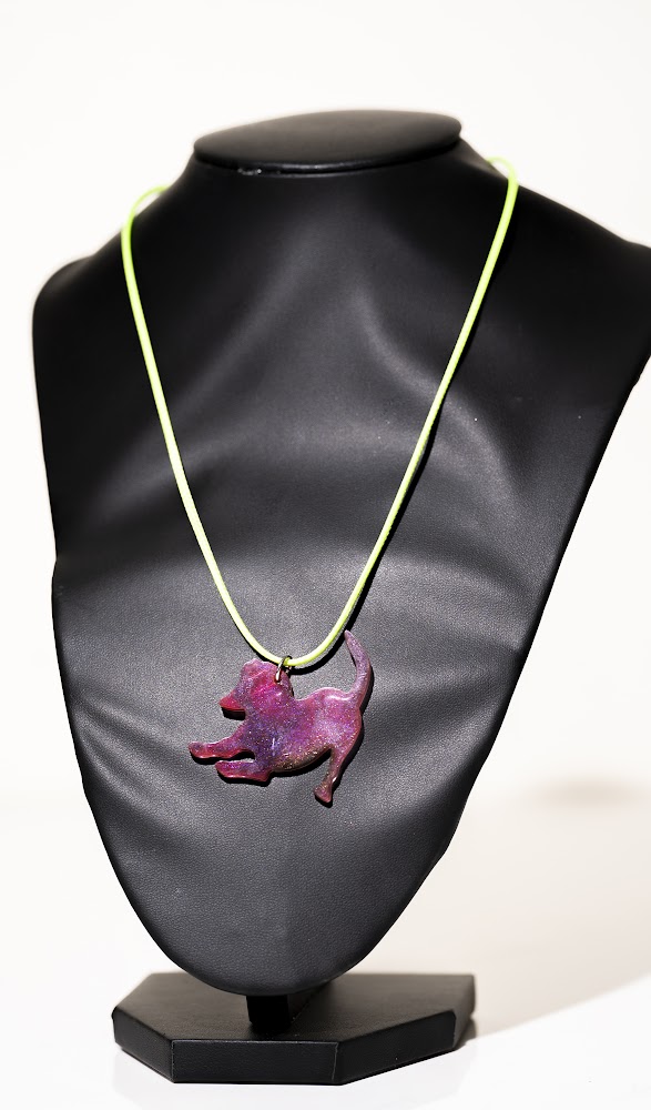 Purple Resin Leaping Cat Pendant Necklace